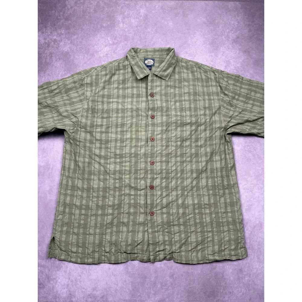 VTG Tommy‎ Bahama 100% Linen Mens XL Plaid Check Button Shirt Sage Green Classic